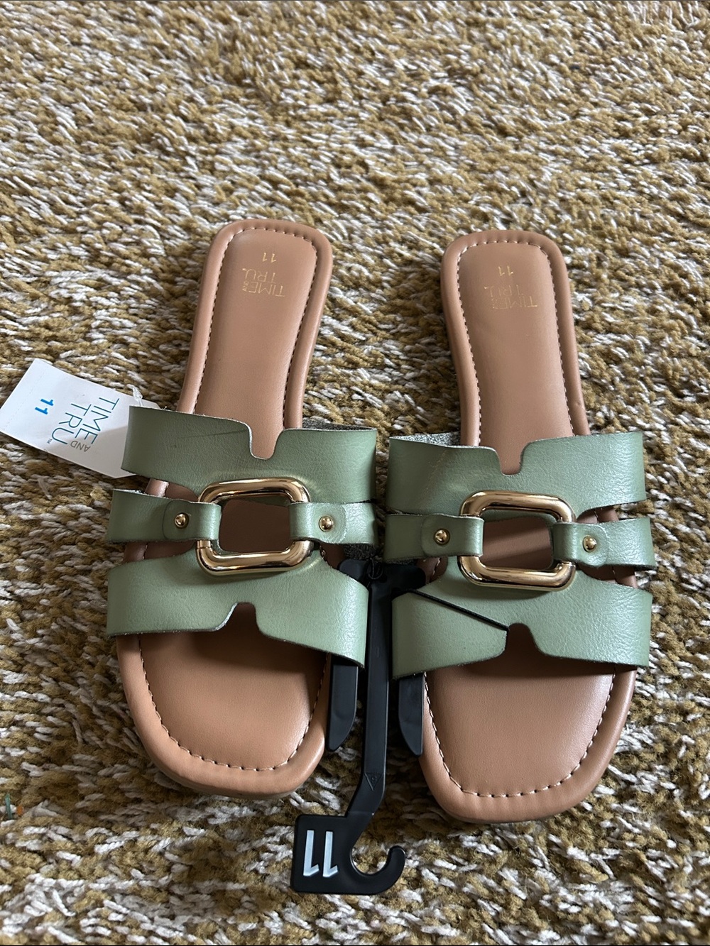 Time and Tru Olive Green Buckle Slide Sandals